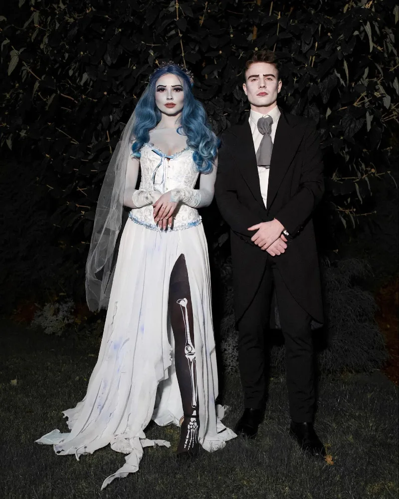 1. Corpse Bride and Victor Costume with Black Tailcoat and Tattered Lace Dress