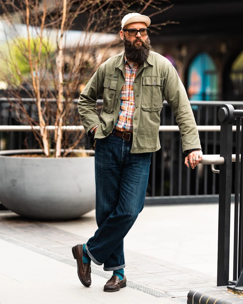  Olive Fatigue Shirt with Straight Dark Denim and Brown Loafers
