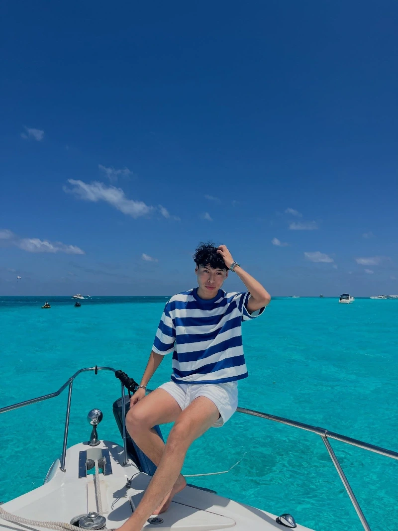 Oversized Blue and White Striped Tee with Short White Trunks