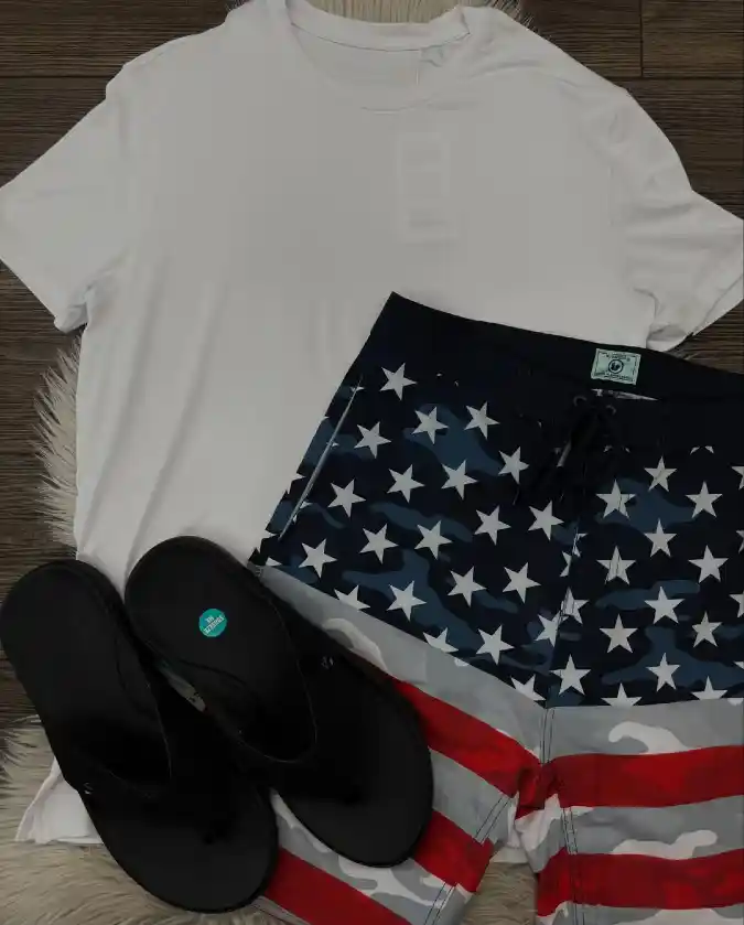 Abstract Patriotic Board Shorts, White Tee, and Sandals – Relaxed Holiday Vibes