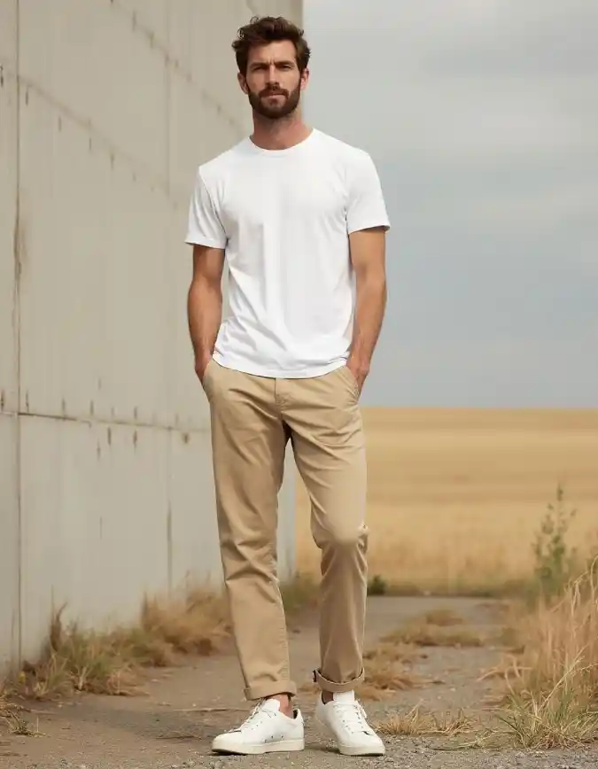 Alabaster Crewneck & Khaki Chinos - Casual Minimalism for Tall Silhouettes