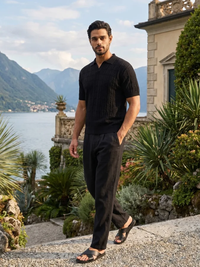 All-Black Obsidian Knit Polo and Loose Trousers – A Cooling Dark Academia Interpretation for Summer.