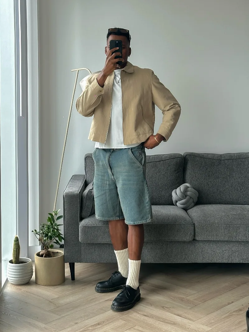 Beige Cropped Jacket with Faded Wide Denim Shorts