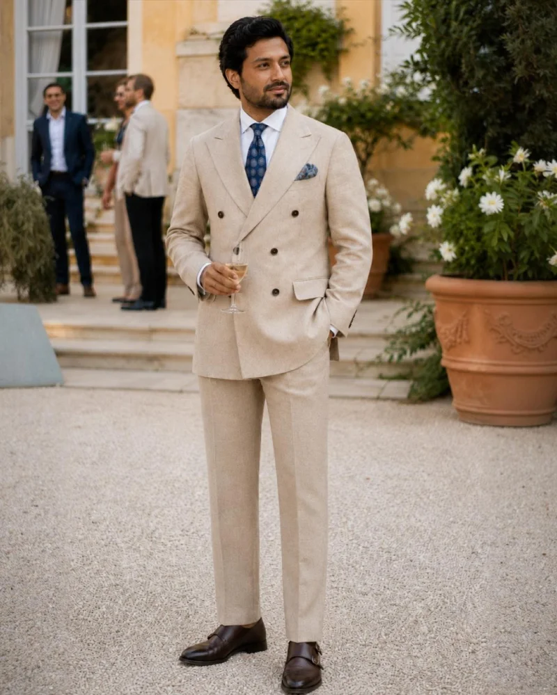 Beige Double-Breasted Suit with Navy Tie and Brown Monk Straps