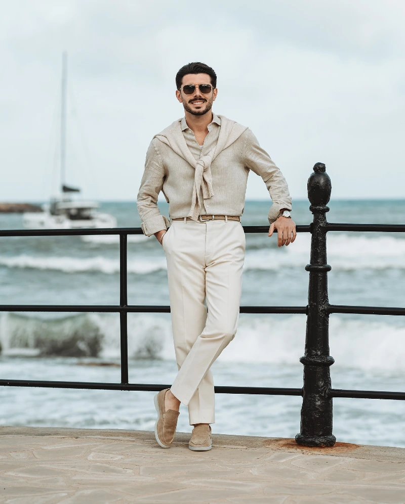 Beige Linen Shirt with Tied Sweater and Cream Dress Pants