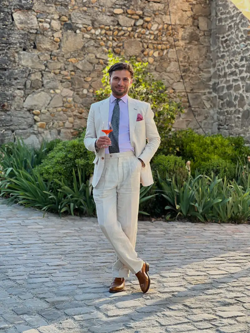 Beige Linen Suit with Lilac Shirt and Cognac Loafers
