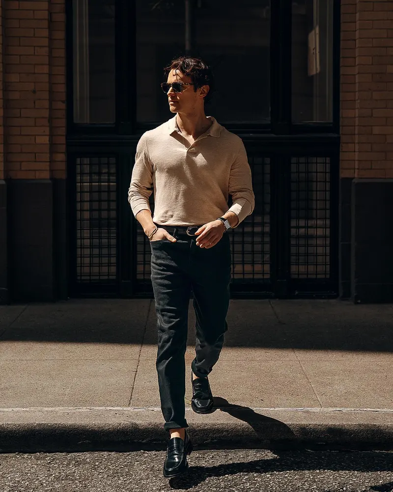Beige Long-Sleeve Knit Polo with Black Slim Jeans and Leather Loafers