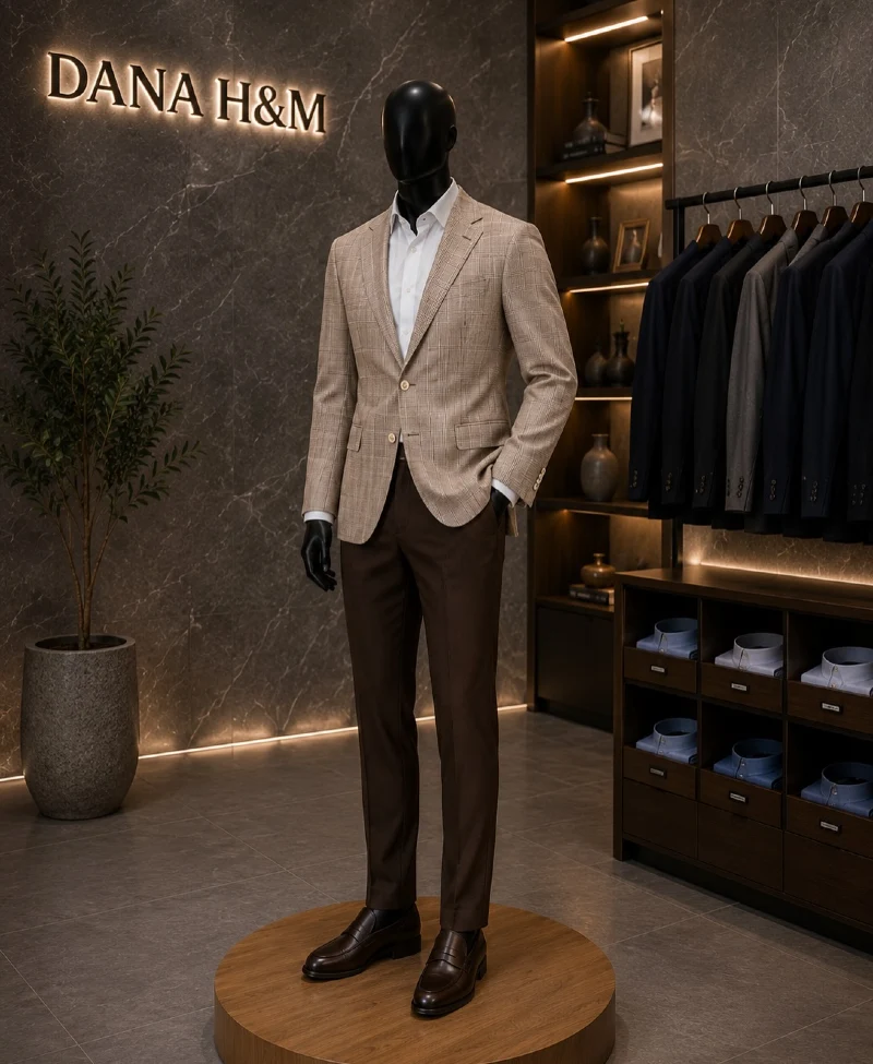 Beige Plaid Blazer with Deep Brown Trousers and Leather Loafers