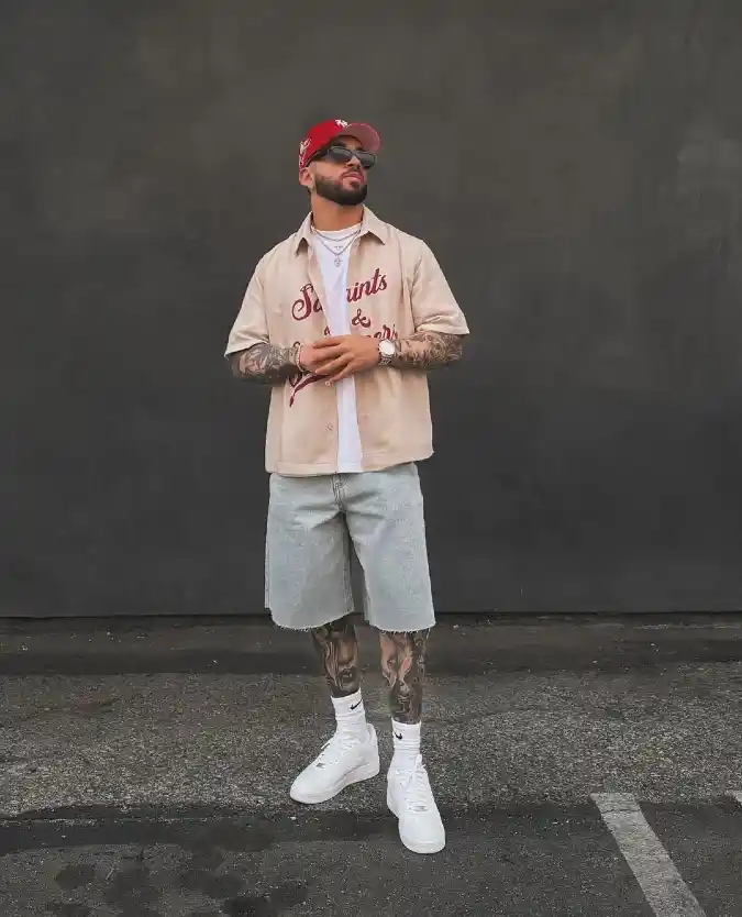 Beige Saints Short-Sleeve Graphic Shirt and Loose Denim Shorts - Elevated Urban Sportwear