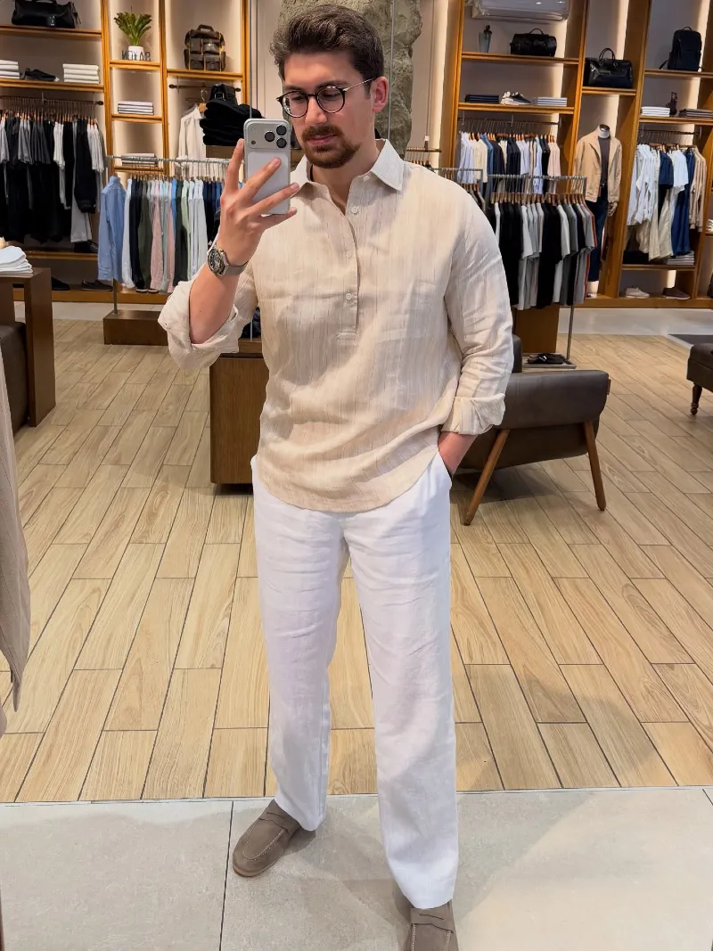 Beige Striped Popover Shirt with White Linen Trousers