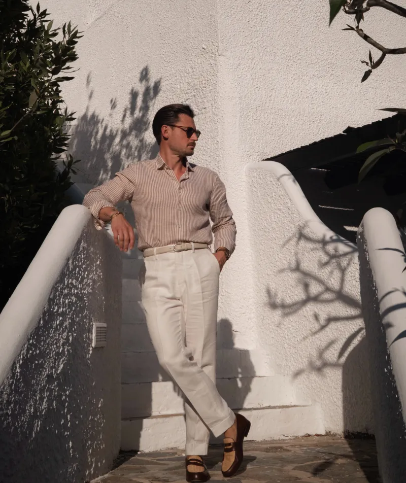 Beige Striped Shirt with Cream Linen Trousers