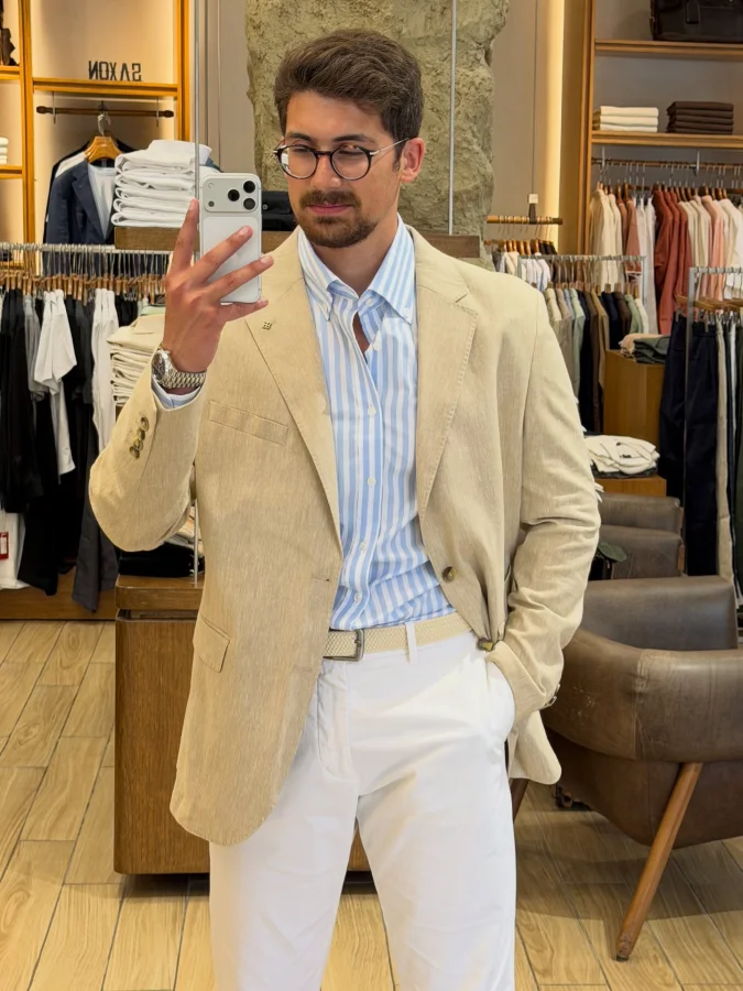 Beige Unconstructed Linen Blend - Elevating Summer Office Core