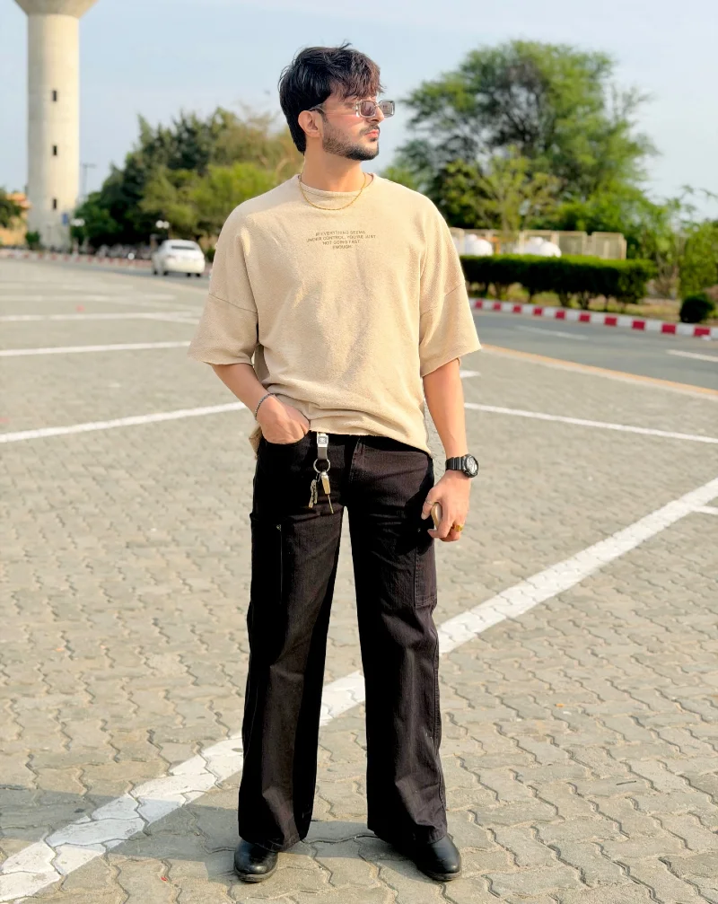 Black Baggy Cargo Jeans with Oversized Sand T-Shirt