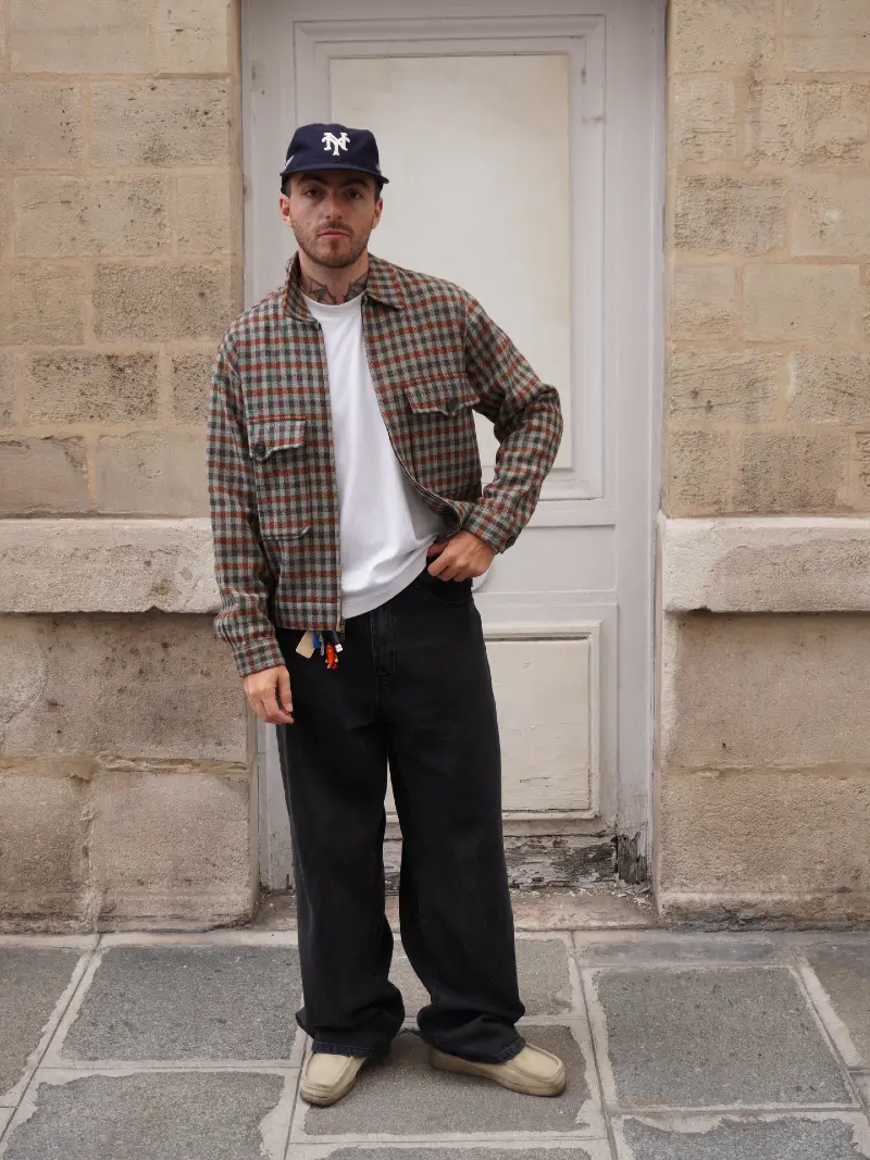 Black Baggy Jeans with Cropped Plaid Jacket and Suede Moccasins