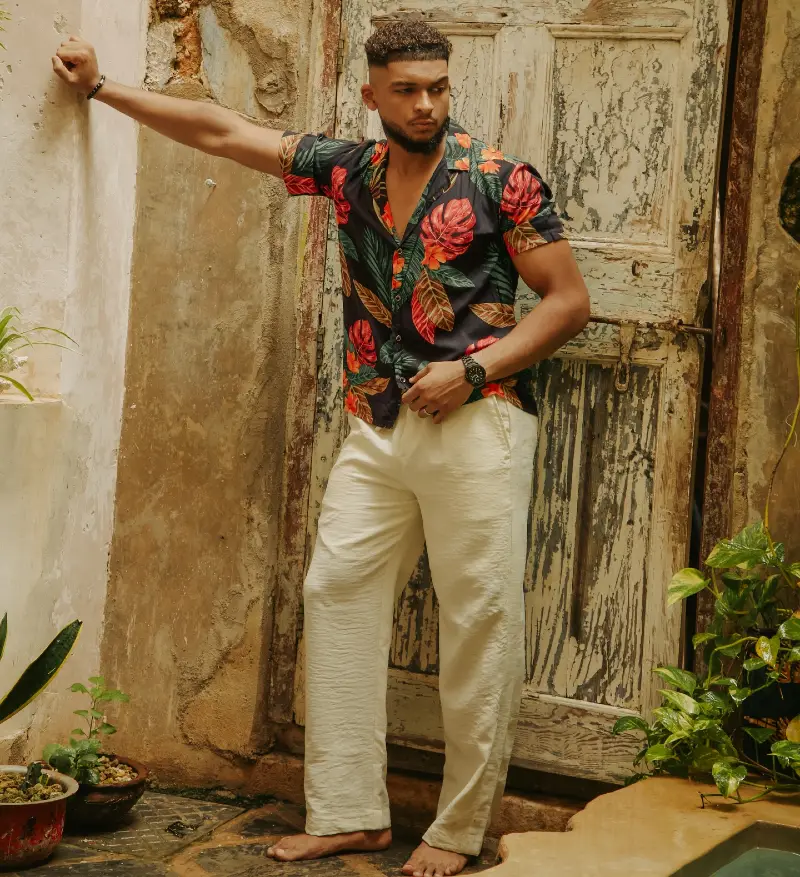 Black Botanical Short-Sleeve with Unstructured Sand Trousers