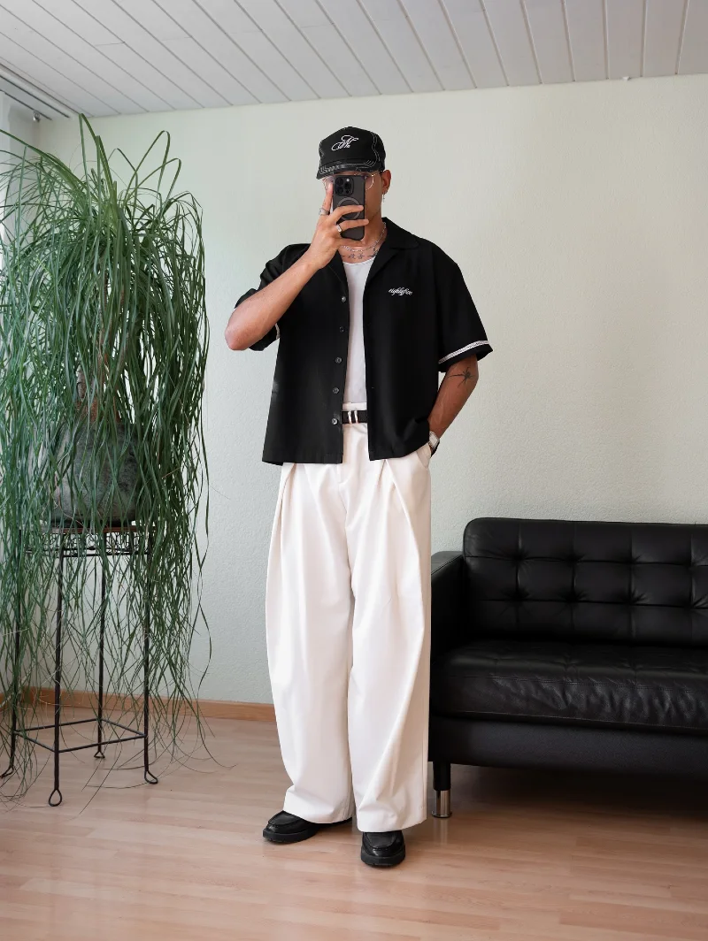 Black Camp Collar Shirt with Wide White Pleated Trousers