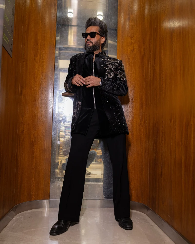 Black Embroidered Velvet Jacket with Dark Trousers