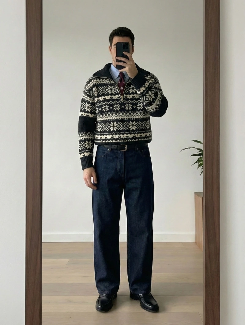 Black Fair Isle Half-Zip Sweater over Collared Shirt and Dark Wash Denim