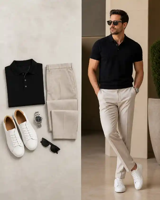 Black Knitted Polo & Cream Trouser - High-Contrast Smart-Casual
