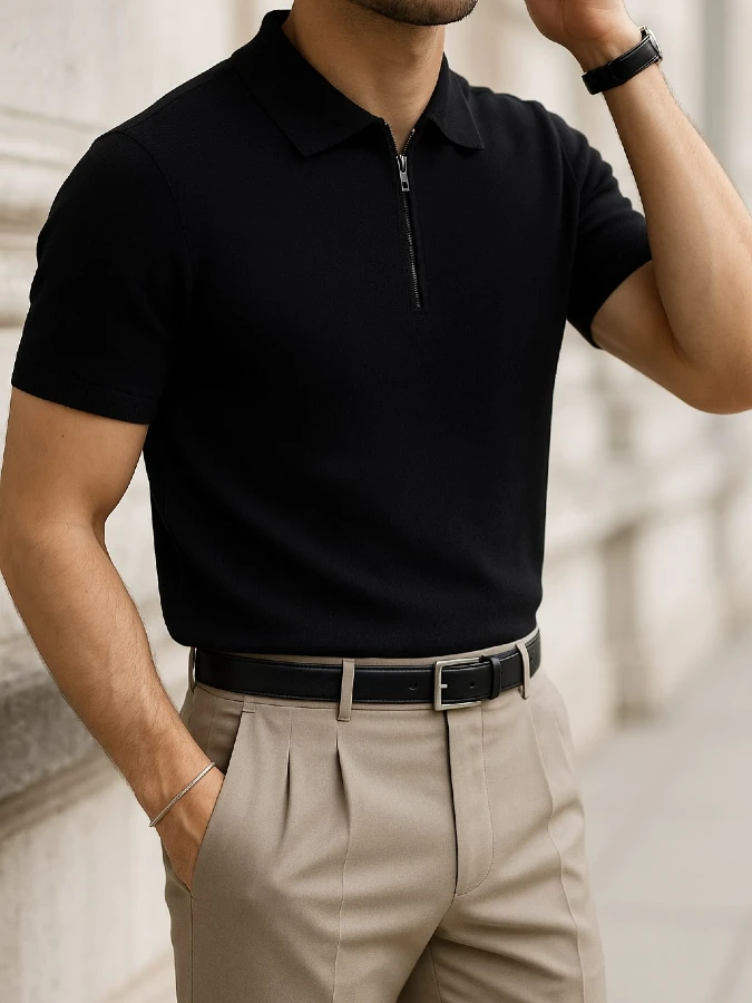 Black Knitted Polo & Pleated Trousers - Navigating the Dark Academia Heatwave