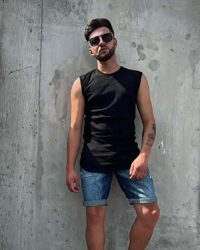 Black Muscle Tee and Blue Relaxed Denim Shorts - Urban Streetwear - Adding Shape for Slender Frames