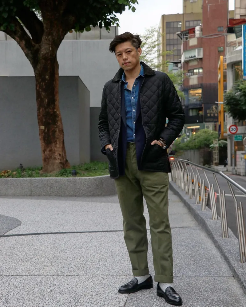 Black Quilted Jacket with Olive Fatigues and Black Loafers