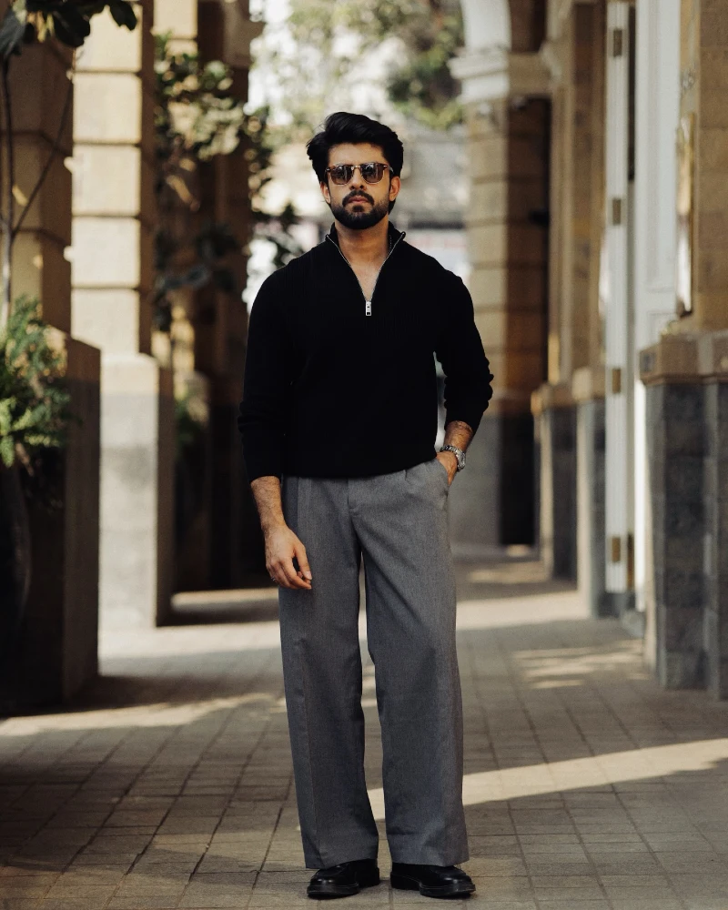 Black Ribbed Half-Zip with Grey Pleated Trousers