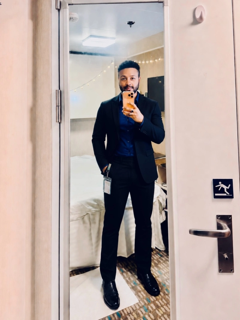 Black Suit with Deep Blue Open-Collar Shirt and Leather Loafers
