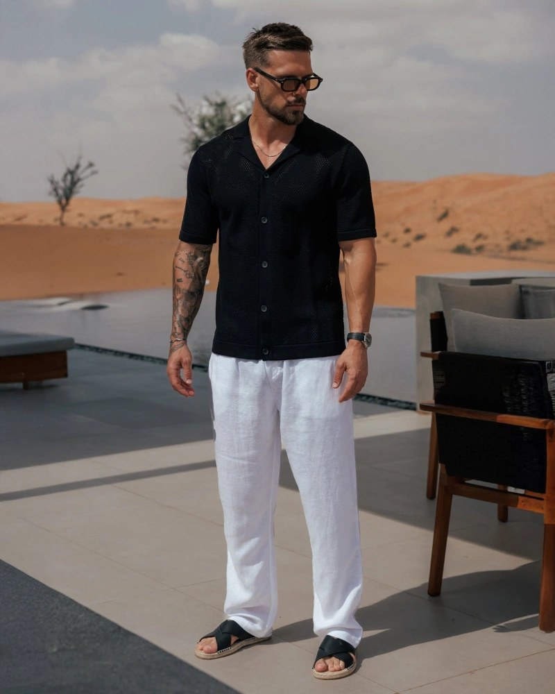 Black Textured Knit Shirt with White Linen Trousers