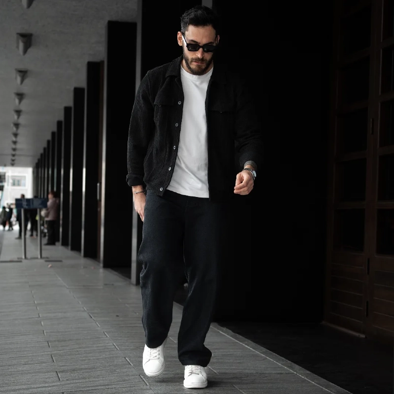Black Textured Overshirt with Dark Baggy Jeans and White Sneakers