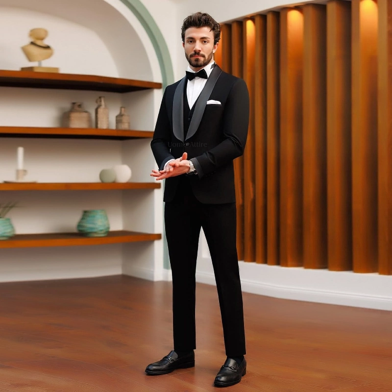Black Three-Piece Tuxedo with Satin Shawl Lapels and Horsebit Loafers