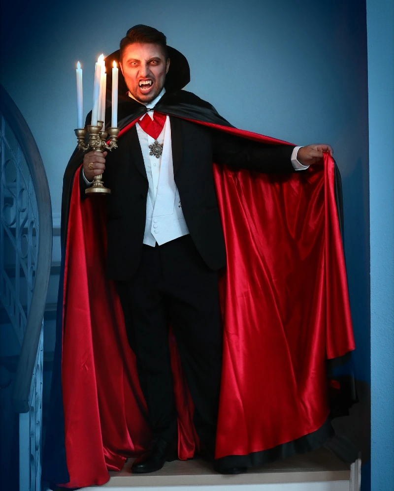Black Tuxedo and White Waistcoat with Crimson-Lined Dracula Cape