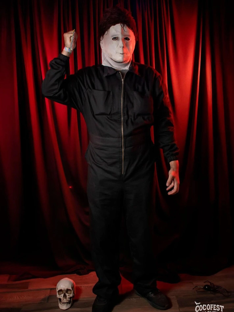 Black Zippered Boiler Suit with Michael Myers Mask and Dark Sneakers