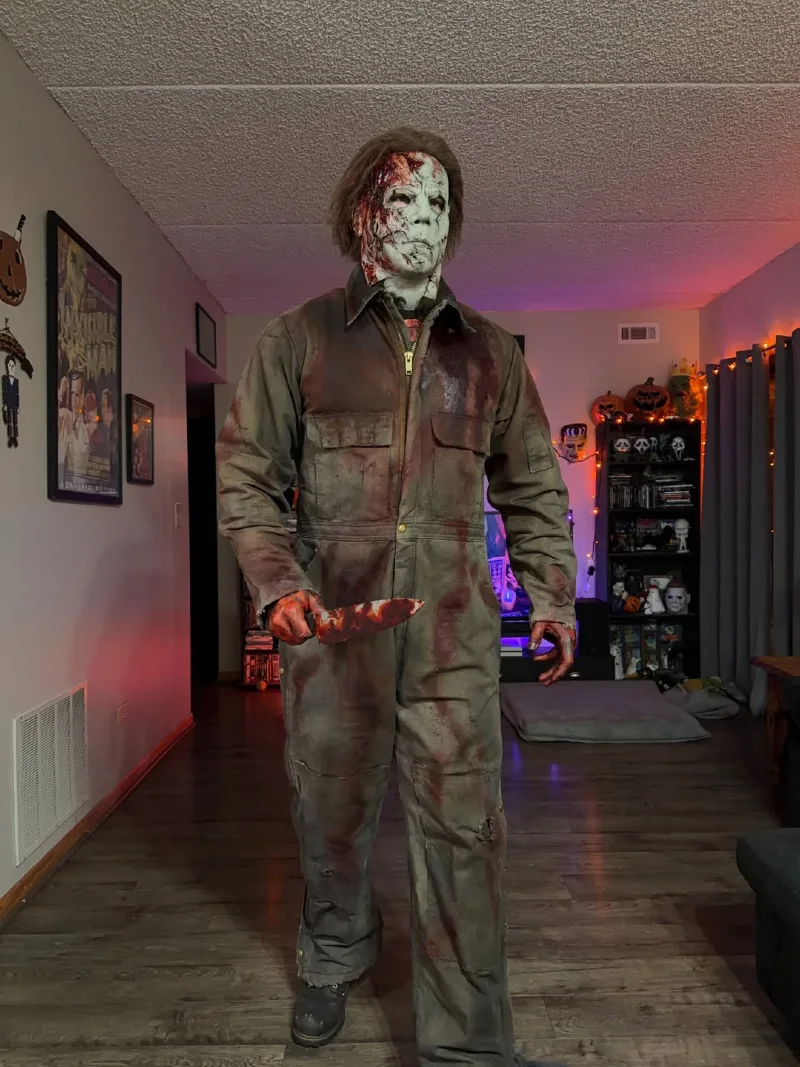 Blood-Splattered Olive Jumpsuit with Burned Mask