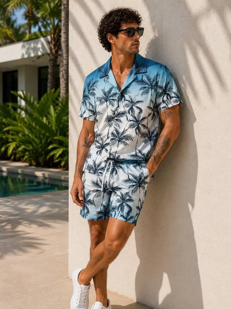 Blue Gradient Palm Print Shirt and Matching Drawstring Shorts