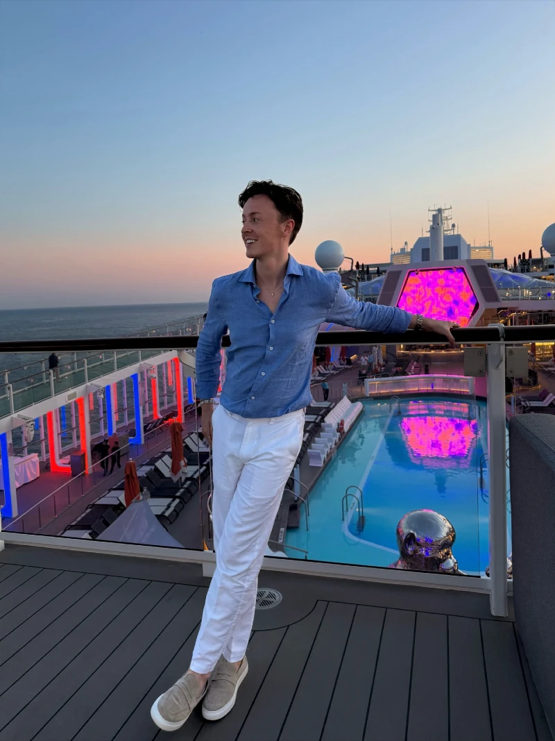 Blue Linen Button-Down with Crisp White Trousers