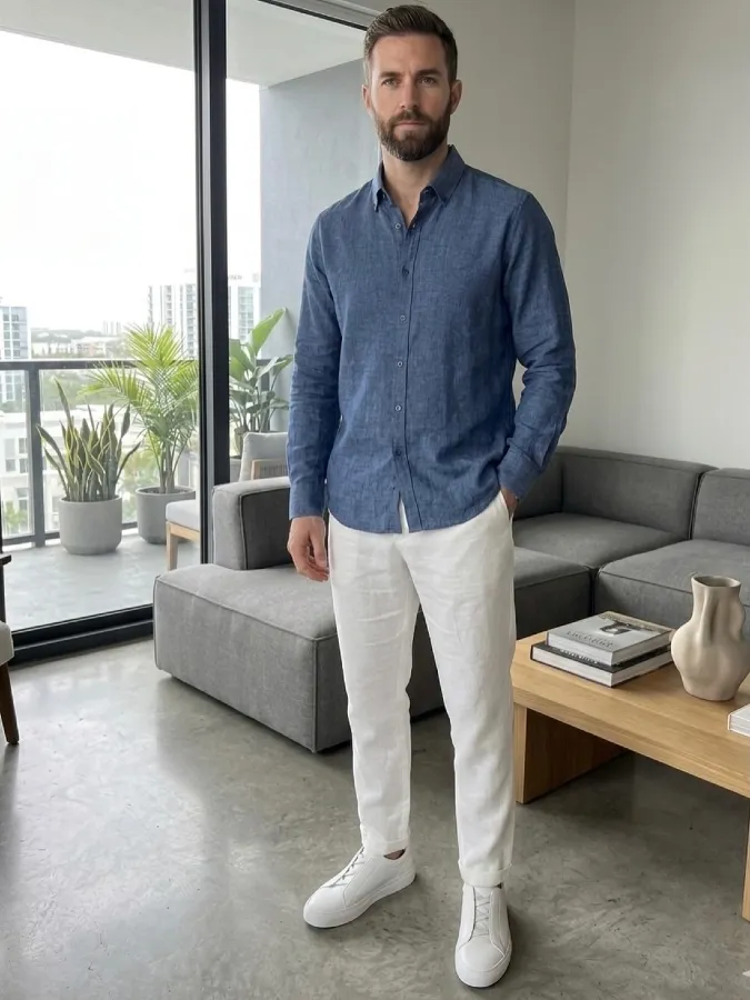 Blue Linen Shirt + White Trousers - Coastal Smart-Casual.