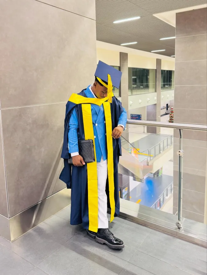 Blue Pinstripe Knit Suit with Academic Gown - Polished Graduation Staging