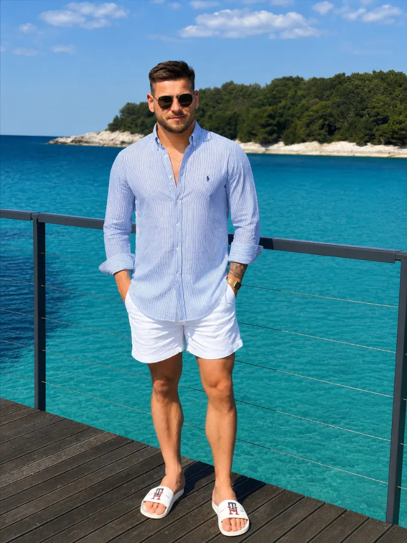 Blue Striped Button-Down with White Chino Shorts and White Slides