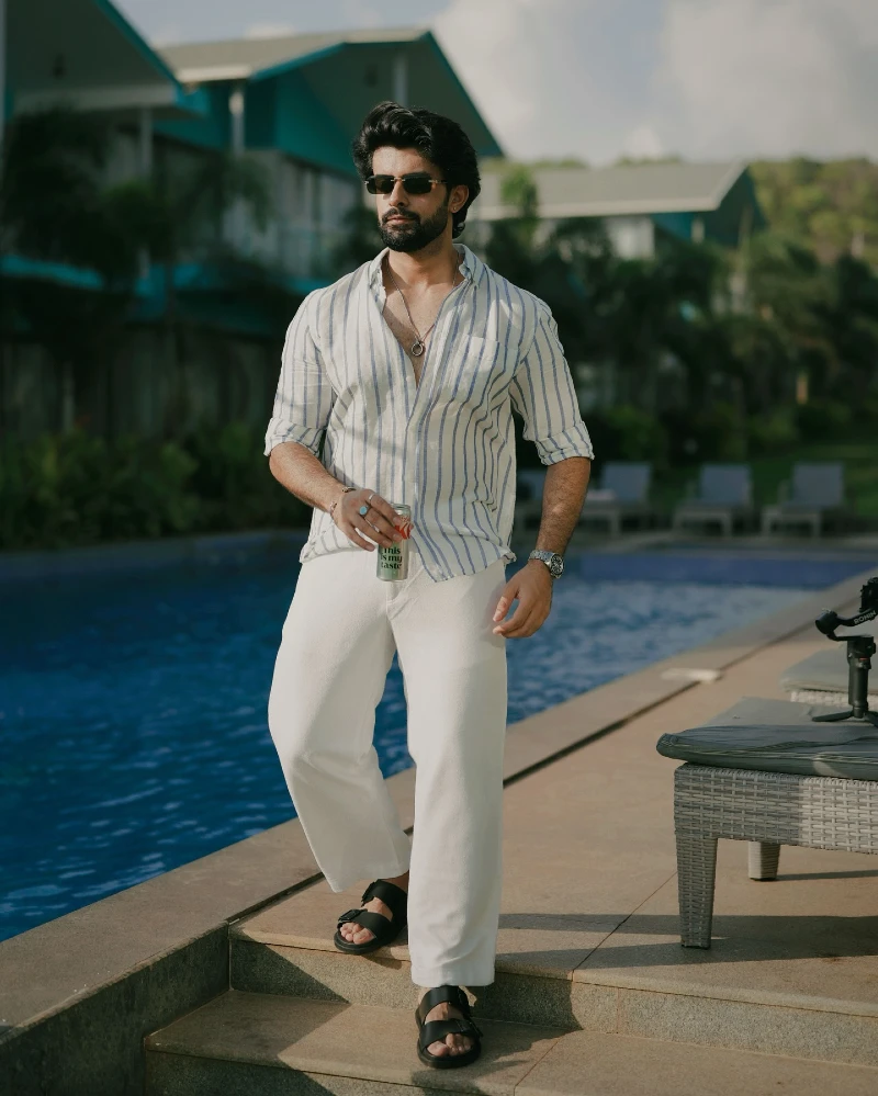 Blue Striped Linen Shirt with Wide White Trousers