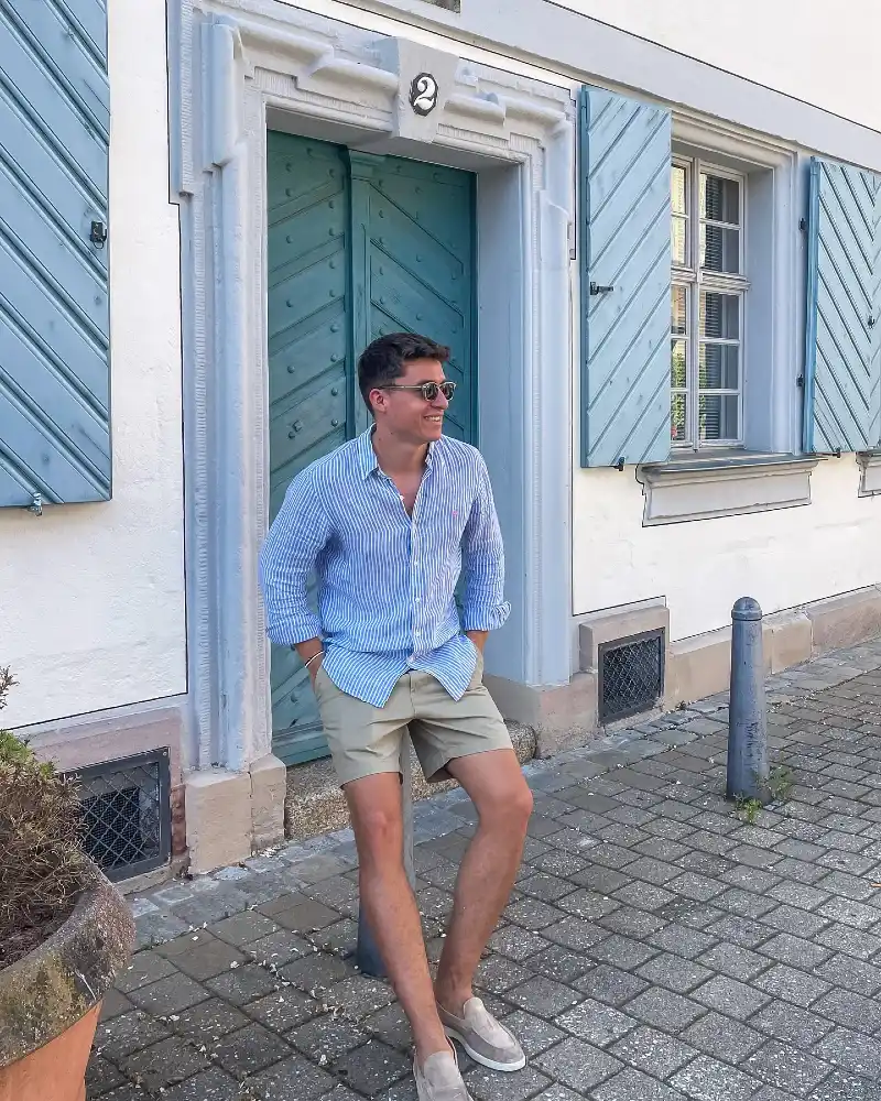 Blue Striped Oxford with Khaki Shorts and Suede Slip-Ons