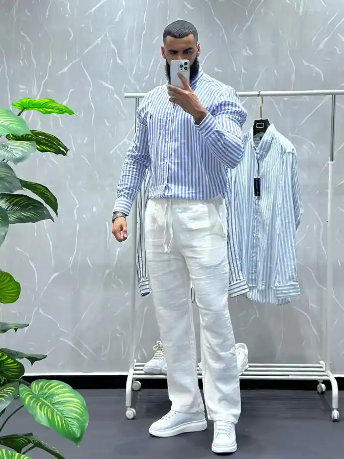 Blue Vertical Stripe Linen Mix - Relaxed Summer Smart-Casual