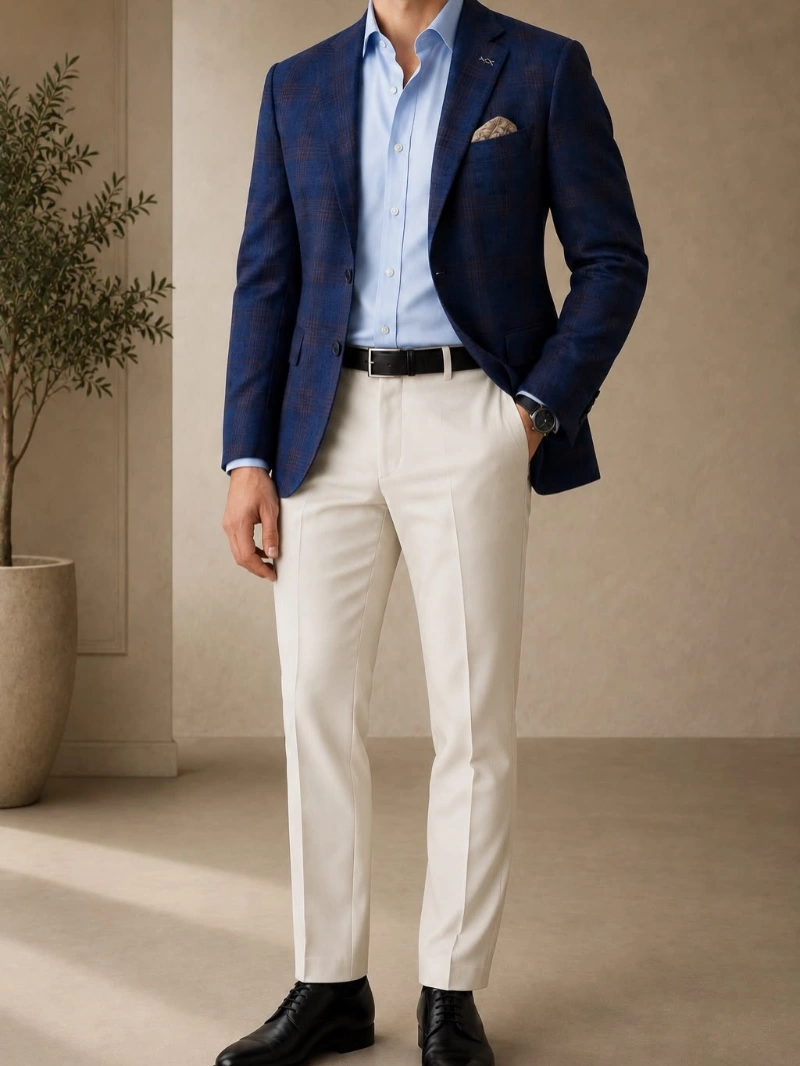 Blue Windowpane Blazer with Cream Trousers and Light Blue Shirt