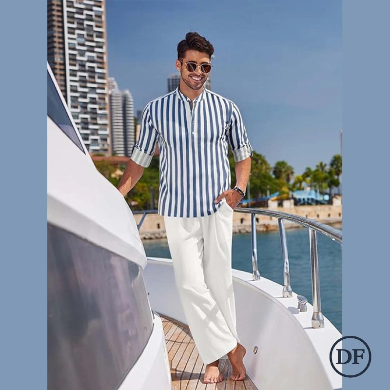Blue and White Striped Mandarin Collar Tunic with Wide Linen Pants