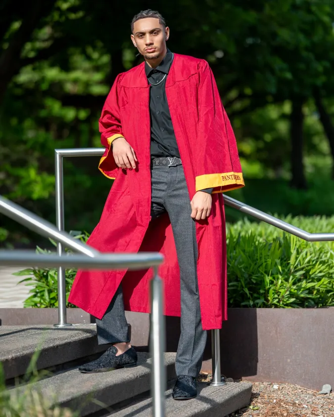 Bold Red Gown with Textural Foundations – Asserting a Fresh Graduation Style