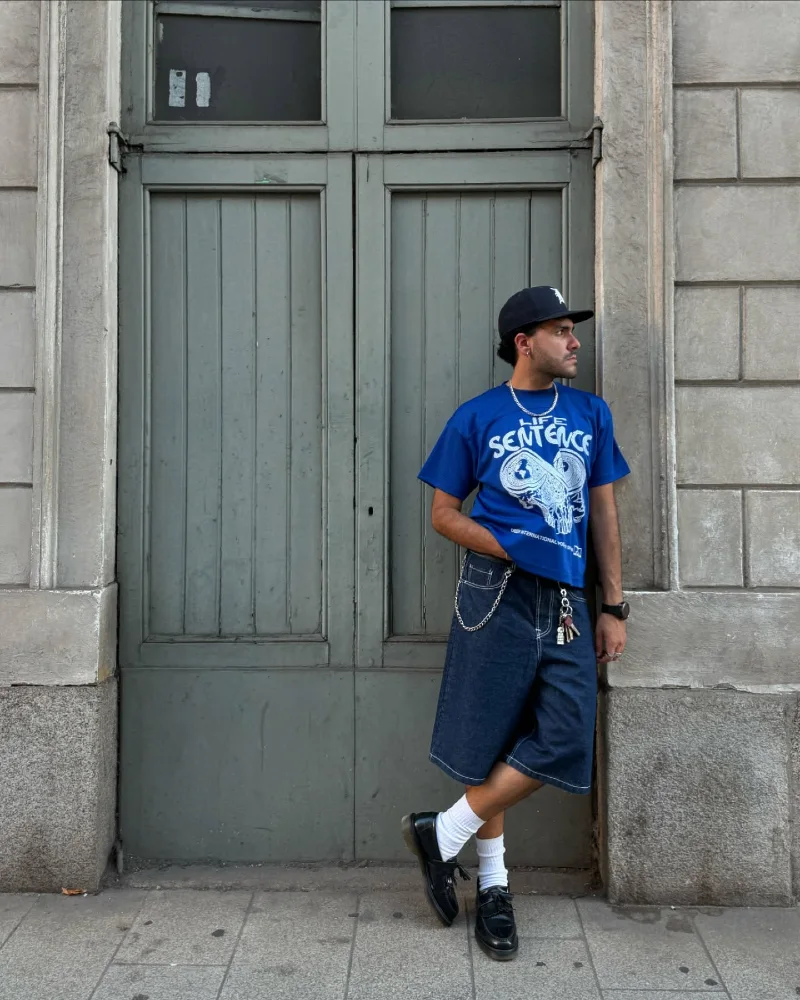 Bright Blue Graphic Tee with Contrast Stitch Dark Denim Shorts
