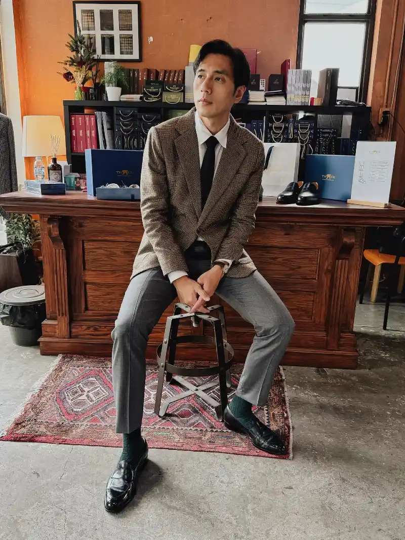 Houndstooth Sport Coat with Charcoal Trousers and Black Loafers