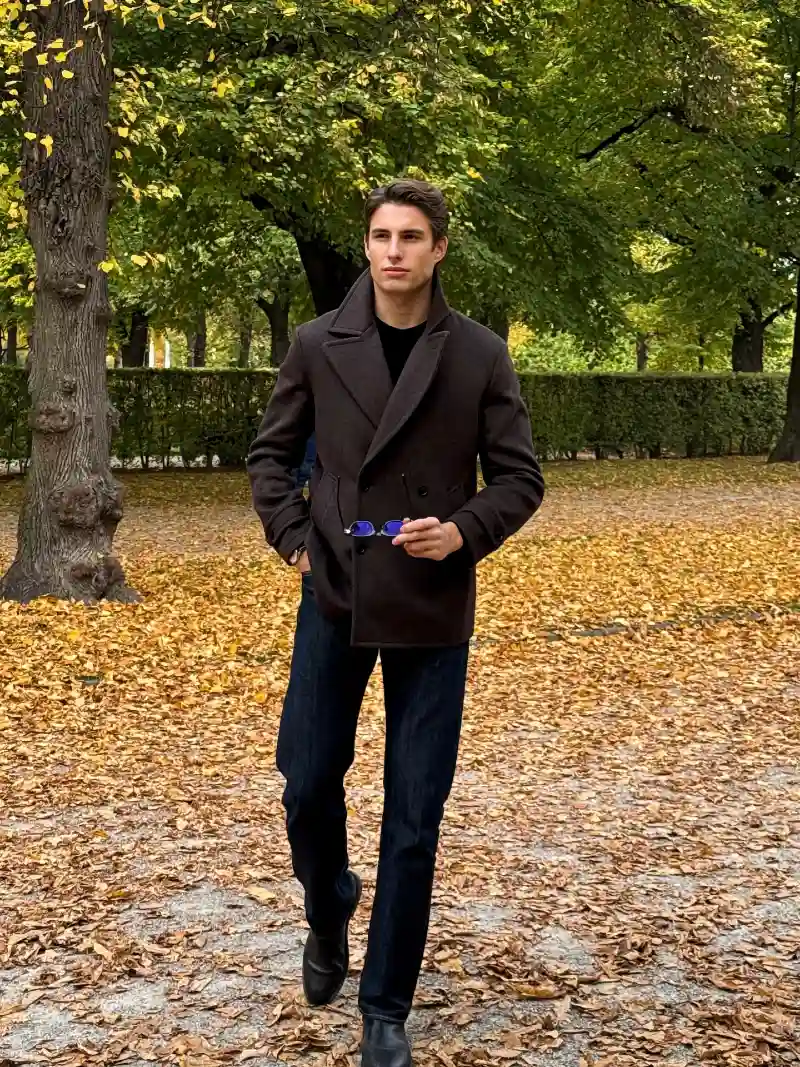 Brown Double-Breasted Wool Coat with Dark Denim and Chelsea Boots