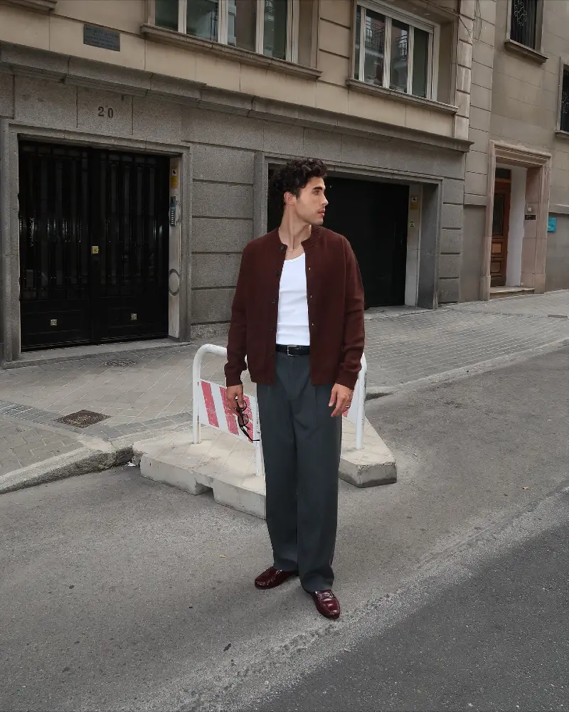 Brown Knit Jacket with Grey Trousers and Oxblood Loafers