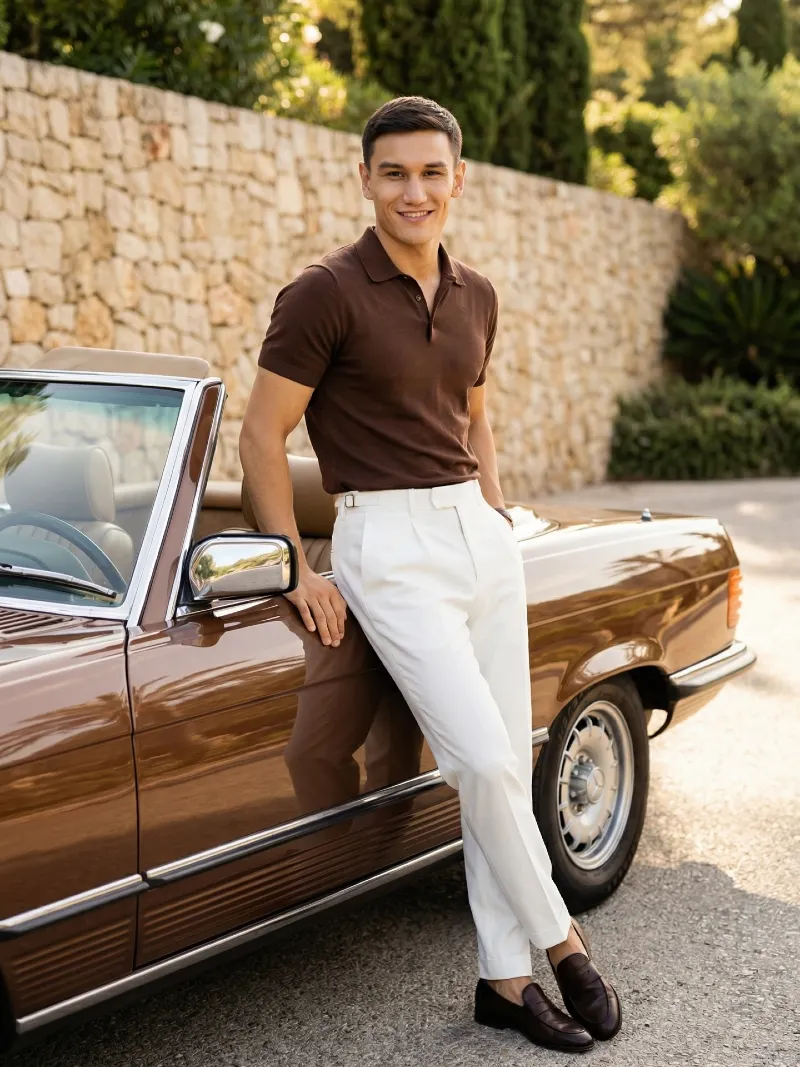 Brown Knit Polo with High-Waisted White Trousers and Penny Loafers